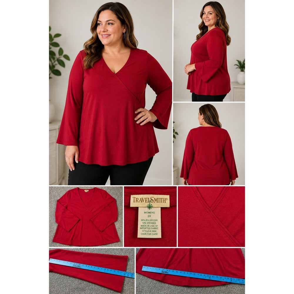TravelSmith Womens 2X Red Faux Wrap V-Neck Bell Sleeve Top Blouse 2584